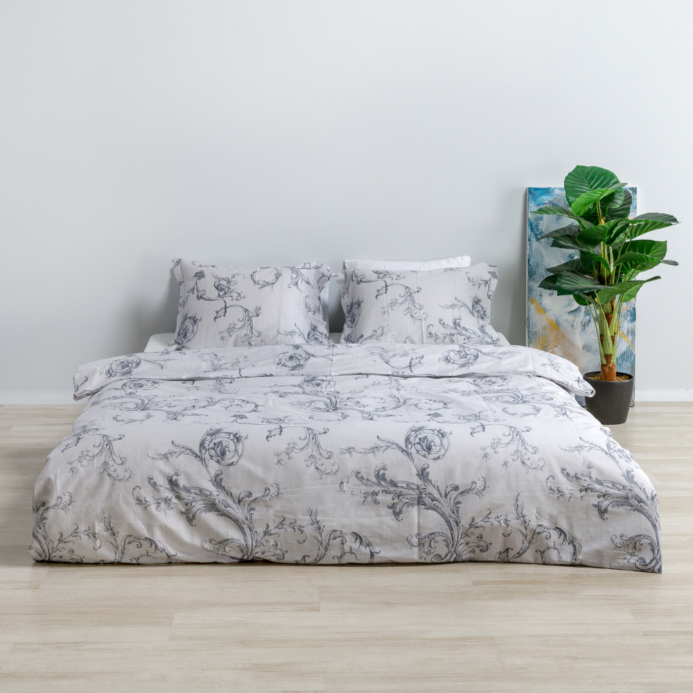 Premium satin påslakanset „Michelle grey“. Sängkläder med växtmotiv, 200x200 cm Premium satin påslakanset „Michelle grey“. Sängkläder med växtmotiv, 200x200 cm