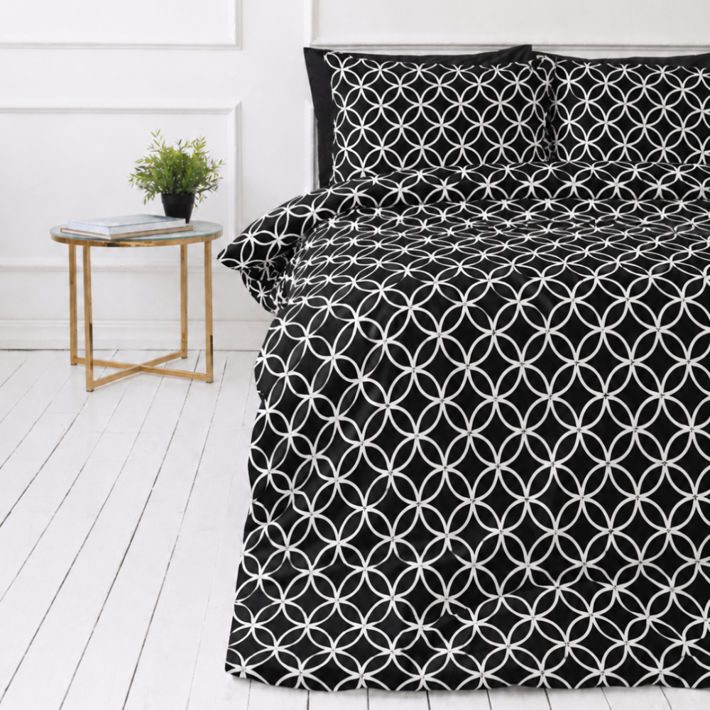 Påslakanset „Black Retro Rings“. Sängkläder 155x200, 140x200 cm, 150x200 cm, 160x200 cm, 180x200 cm, 200x200 cm, 200x220 cm, 240x220 cm