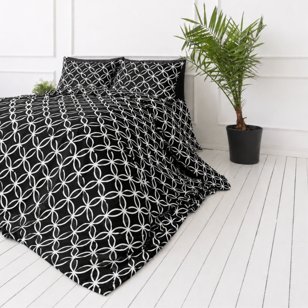 Påslakanset „Black Retro Rings“. Sängkläder 155x200, 140x200 cm, 150x200 cm, 160x200 cm, 180x200 cm, 200x200 cm, 200x220 cm, 240x220 cm