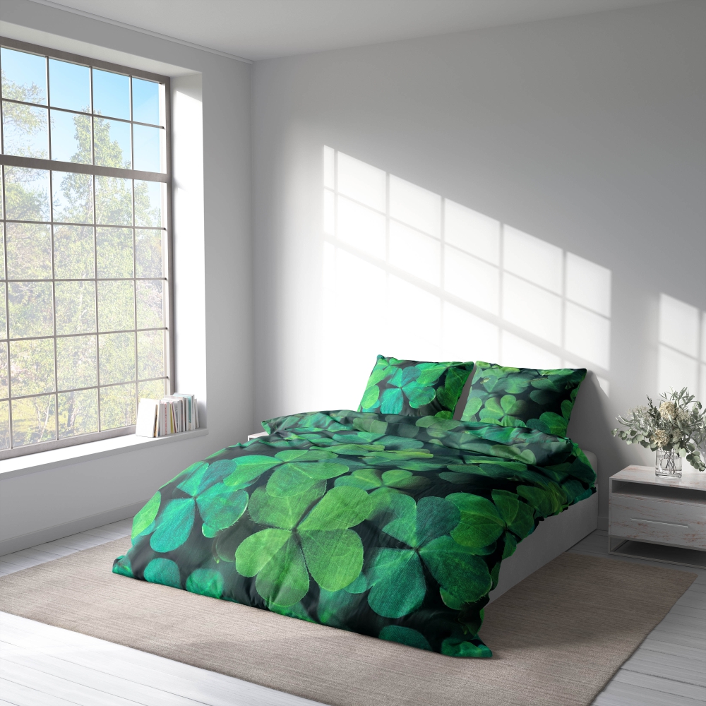 Påslakanset „Clover“. Sängkläder med växtmotiv, 140x200 cm, 180x200 cm Påslakanset „Clover“. Sängkläder med växtmotiv, 140x200 cm, 180x200 cm