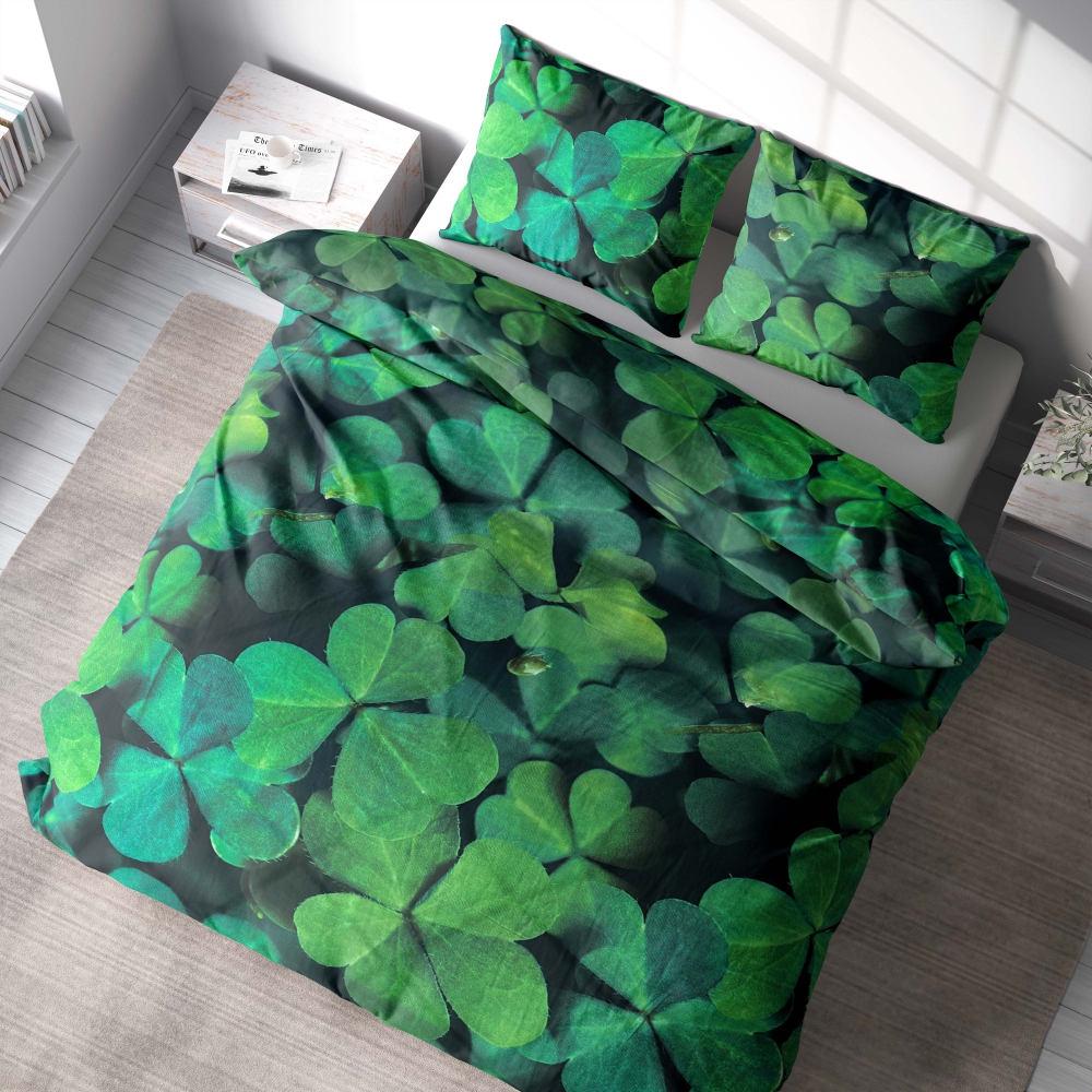 Påslakanset „Clover“. Sängkläder med växtmotiv, 140x200 cm, 180x200 cm Påslakanset „Clover“. Sängkläder med växtmotiv, 140x200 cm, 180x200 cm
