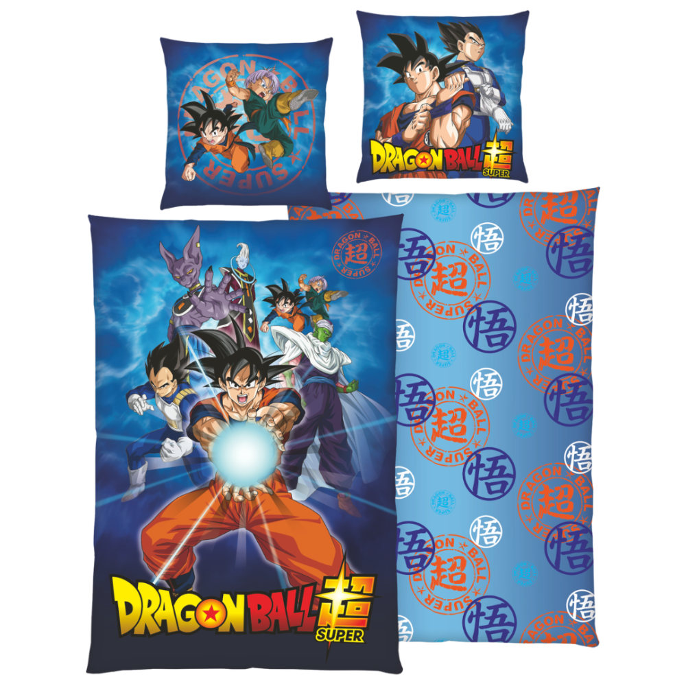 Påslakanset „Dragon Ball Super“. Sängkläder barn, 135x200 cm. Blå dragon ball super-design med färgglada animekaraktärer och en färgstark logotyp Påslakanset „Dragon Ball Super“. Sängkläder barn, 135x200 cm. Blå dragon ball super-design med färgglada animekaraktärer och en färgstark logotyp