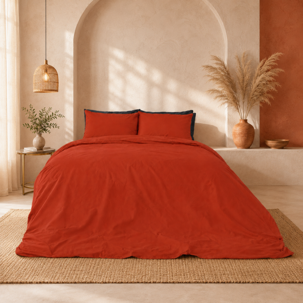 Påslakanset „Dry Tomato“. Enfärgade sängkläder, 140x200 cm, 150x200 cm, 160x200 cm, 180x200 cm, 200x200 cm, 200x220 cm, 240x220 cm. Mörkorange bäddset i en varm och elegant sovrumsmiljö med beige väggar och naturliga inredningsdetaljer. Påslakanset „Dry Tomato“. Enfärgade sängkläder, 140x200 cm, 150x200 cm, 160x200 cm, 180x200 cm, 200x200 cm, 200x220 cm, 240x220 cm. Mörkorange bäddset i en varm och elegant sovrumsmiljö med beige väggar och naturliga inredningsdetaljer.