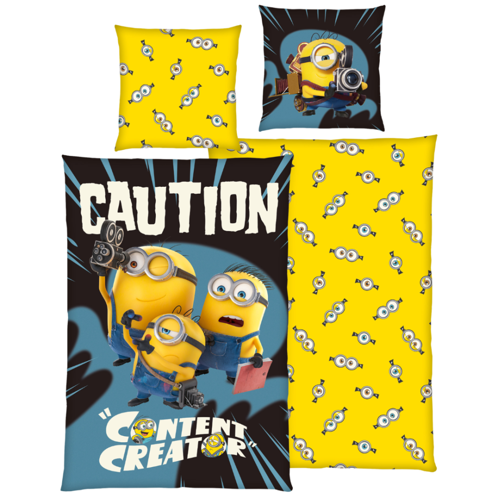 Påslakanset „Minions“. Sängkläder barn, 135x200 cm. Gul minions-design med små återkommande motiv av minion-ögon Påslakanset „Minions“. Sängkläder barn, 135x200 cm. Gul minions-design med små återkommande motiv av minion-ögon