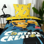 Påslakanset „Minions“. Sängkläder barn, 135x200 cm. Gult sängklädesmönster med återkommande motiv av minion-ögon Påslakanset „Minions“. Sängkläder barn, 135x200 cm. Gult sängklädesmönster med återkommande motiv av minion-ögon