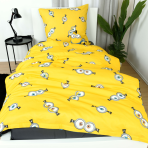 Påslakanset „Minions“. Sängkläder barn, 135x200 cm. Vändbar minions-design – gult småmönster och svartblått motiv med figurer Påslakanset „Minions“. Sängkläder barn, 135x200 cm. Vändbar minions-design – gult småmönster och svartblått motiv med figurer