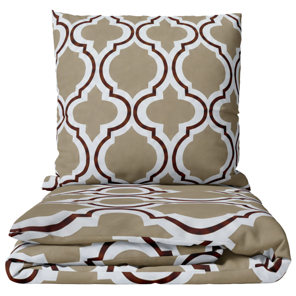 Påslakanset „Moroccan Beige“. Beige sängkläder, 140x200 cm, 150x200 cm, 160x200 cm, 180x200 cm, 200x200 cm, 200x220 cm, 240x220 cm. Sandfärgat bäddset med brunt marockanskt geometriskt mönster Påslakanset „Moroccan Beige“. Beige sängkläder, 140x200 cm, 150x200 cm, 160x200 cm, 180x200 cm, 200x200 cm, 200x220 cm, 240x220 cm. Sandfärgat bäddset med brunt marockanskt geometriskt mönster