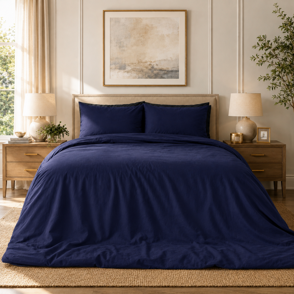 Påslakanset „Navy“. Enfärgade sängkläder, 140x200 cm, 150x200 cm, 160x200 cm, 180x200 cm, 200x200 cm, 200x220 cm, 240x220 cm. Marinblått bäddset i ett ljust och elegant sovrum med varma trämöbler. Påslakanset „Navy“. Enfärgade sängkläder, 140x200 cm, 150x200 cm, 160x200 cm, 180x200 cm, 200x200 cm, 200x220 cm, 240x220 cm. Marinblått bäddset i ett ljust och elegant sovrum med varma trämöbler.