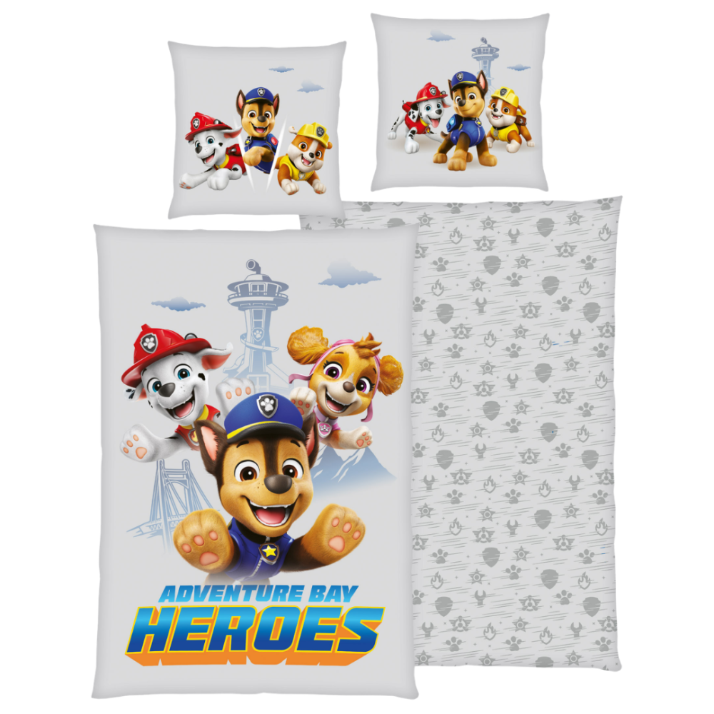 Påslakanset „Paw Patrol“. Sängkläder barn, 135x200 cm. Ljusgrått bäddset med färgglada paw patrol-valpar. Påslakanset „Paw Patrol“. Sängkläder barn, 135x200 cm. Ljusgrått bäddset med färgglada paw patrol-valpar.