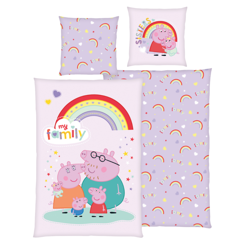 Påslakanset „Peppa Pig“. Sängkläder barn, 135x200 cm. Ljuslila bäddset med peppa pig-familjen och en regnbåge. Påslakanset „Peppa Pig“. Sängkläder barn, 135x200 cm. Ljuslila bäddset med peppa pig-familjen och en regnbåge.