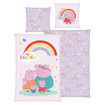 Påslakanset „Peppa Pig“. Sängkläder barn, 135x200 cm. Ljuslila bäddset med peppa pig-familjen och en regnbåge. Påslakanset „Peppa Pig“. Sängkläder barn, 135x200 cm. Ljuslila bäddset med peppa pig-familjen och en regnbåge.