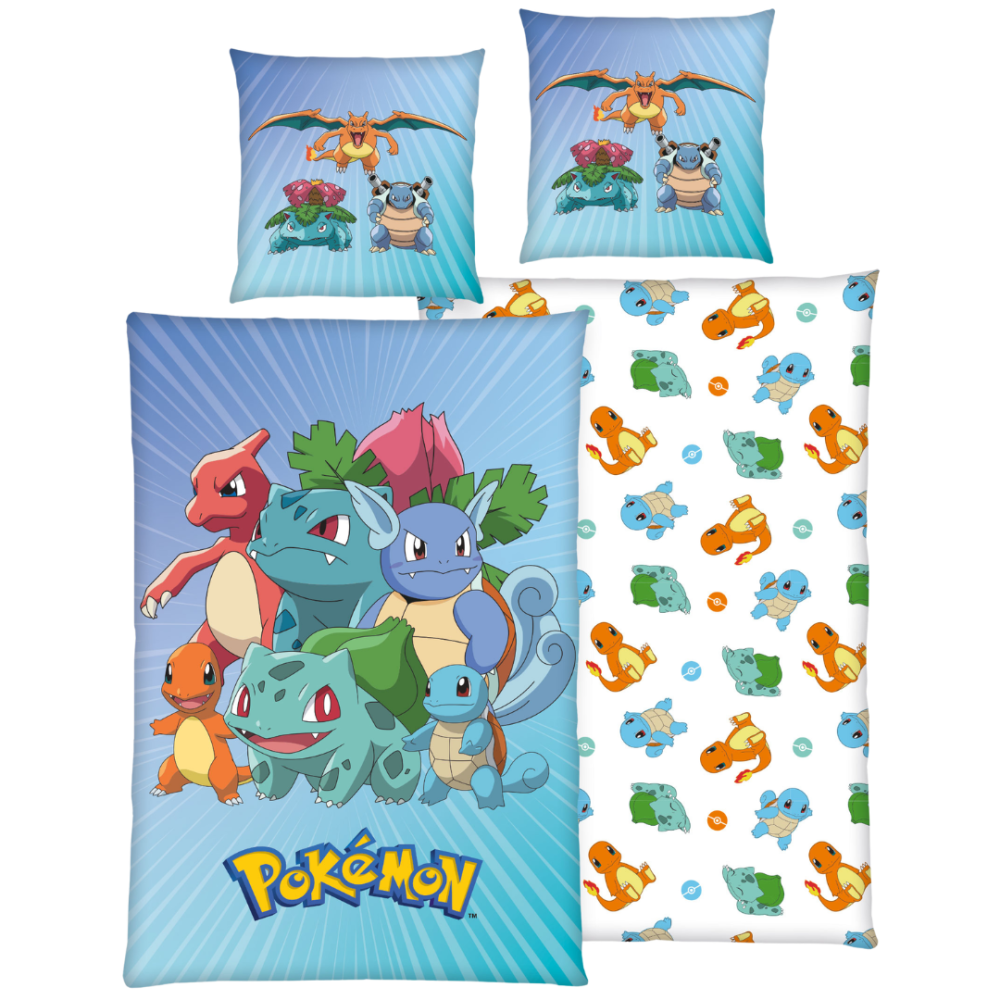 Påslakanset „Pokemon“. Sängkläder barn, 135x200 cm. Ljusblått pokémon-bäddset med färgglada bulbasaur, charmander och squirtle. Påslakanset „Pokemon“. Sängkläder barn, 135x200 cm. Ljusblått pokémon-bäddset med färgglada bulbasaur, charmander och squirtle.