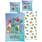 Påslakanset „Pokemon“. Sängkläder barn, 135x200 cm. Ljusblått pokémon-bäddset med färgglada bulbasaur, charmander och squirtle. Påslakanset „Pokemon“. Sängkläder barn, 135x200 cm. Ljusblått pokémon-bäddset med färgglada bulbasaur, charmander och squirtle.