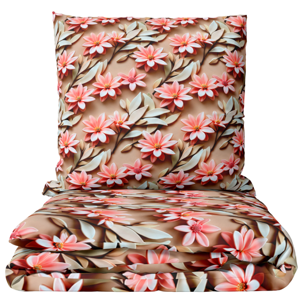 Påslakanset „Rosy Whisper“. Sängkläder 155x200, 140x200 cm, 150x200 cm, 160x200 cm, 180x200 cm, 200x200 cm, 200x220 cm, 240x220 cm. Sandfärgat bäddset med korallfärgade blommor och ljusa blad. Påslakanset „Rosy Whisper“. Sängkläder 155x200, 140x200 cm, 150x200 cm, 160x200 cm, 180x200 cm, 200x200 cm, 200x220 cm, 240x220 cm. Sandfärgat bäddset med korallfärgade blommor och ljusa blad.
