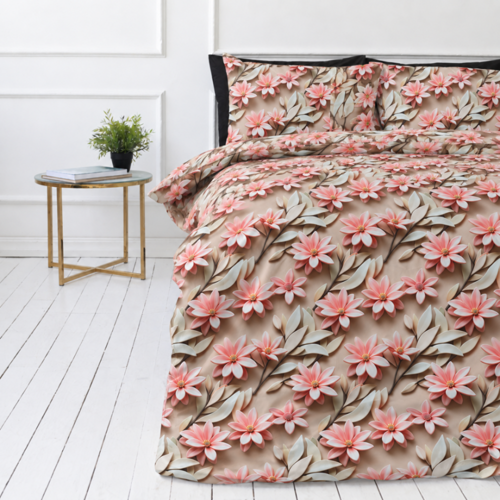 Påslakanset „Rosy Whisper“. Sängkläder 155x200, 140x200 cm, 150x200 cm, 160x200 cm, 180x200 cm, 200x200 cm, 200x220 cm, 240x220 cm. Bäddset med rosa korallblommor mot en varm sandfärgad bakgrund. Påslakanset „Rosy Whisper“. Sängkläder 155x200, 140x200 cm, 150x200 cm, 160x200 cm, 180x200 cm, 200x200 cm, 200x220 cm, 240x220 cm. Bäddset med rosa korallblommor mot en varm sandfärgad bakgrund.