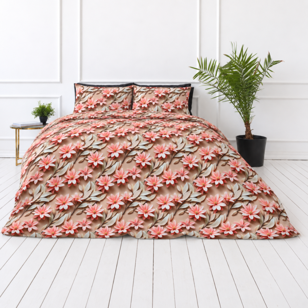 Påslakanset „Rosy Whisper“. Sängkläder 155x200, 140x200 cm, 150x200 cm, 160x200 cm, 180x200 cm, 200x200 cm, 200x220 cm, 240x220 cm. Bäddset i varma sand- och koralltoner med blommönster. Påslakanset „Rosy Whisper“. Sängkläder 155x200, 140x200 cm, 150x200 cm, 160x200 cm, 180x200 cm, 200x200 cm, 200x220 cm, 240x220 cm. Bäddset i varma sand- och koralltoner med blommönster.