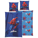Påslakanset „Spiderman“. Sängkläder barn, 135x200 cm. Blå spider-man-design med rödblå spider-man mot en mörk stadsbakgrund Påslakanset „Spiderman“. Sängkläder barn, 135x200 cm. Blå spider-man-design med rödblå spider-man mot en mörk stadsbakgrund