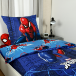 Påslakanset „Spiderman“. Sängkläder barn, 135x200 cm. Vändbar blå spider-man-design med stadsmotiv, spindelnät och spider-man Påslakanset „Spiderman“. Sängkläder barn, 135x200 cm. Vändbar blå spider-man-design med stadsmotiv, spindelnät och spider-man