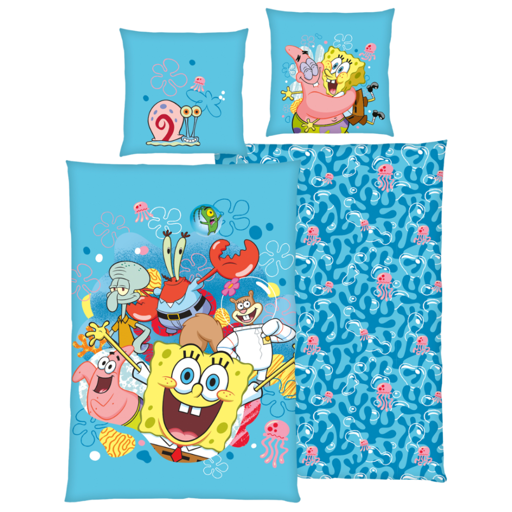 Påslakanset „SpongeBob SquarePants“. Sängkläder barn, 135x200 cm. Ljusblått bäddset med svampbob, patrik och andra färgglada karaktärer. Påslakanset „SpongeBob SquarePants“. Sängkläder barn, 135x200 cm. Ljusblått bäddset med svampbob, patrik och andra färgglada karaktärer.
