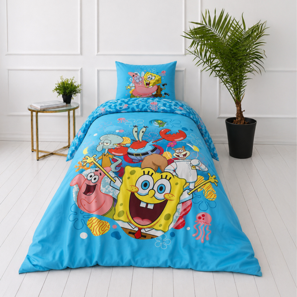 Påslakanset „SpongeBob SquarePants“. Sängkläder barn, 135x200 cm. Ljusblått bäddset med svampbob, patrik, sandy, herr krabba och bläckvard Påslakanset „SpongeBob SquarePants“. Sängkläder barn, 135x200 cm. Ljusblått bäddset med svampbob, patrik, sandy, herr krabba och bläckvard