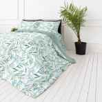 Påslakanset „Teal Grove“. Gröna sängkläder, 140x200 cm, 200x200 cm, 200x220 cm. Bäddset med akvarelliknande gröna blad på vit bakgrund Påslakanset „Teal Grove“. Gröna sängkläder, 140x200 cm, 200x200 cm, 200x220 cm. Bäddset med akvarelliknande gröna blad på vit bakgrund