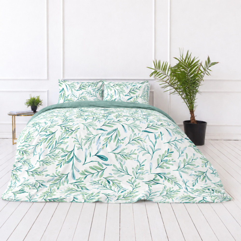 Påslakanset „Teal Grove“. Gröna sängkläder, 140x200 cm, 200x200 cm, 200x220 cm. Botaniskt bäddset med gröna, blågröna och olivfärgade blad Påslakanset „Teal Grove“. Gröna sängkläder, 140x200 cm, 200x200 cm, 200x220 cm. Botaniskt bäddset med gröna, blågröna och olivfärgade blad