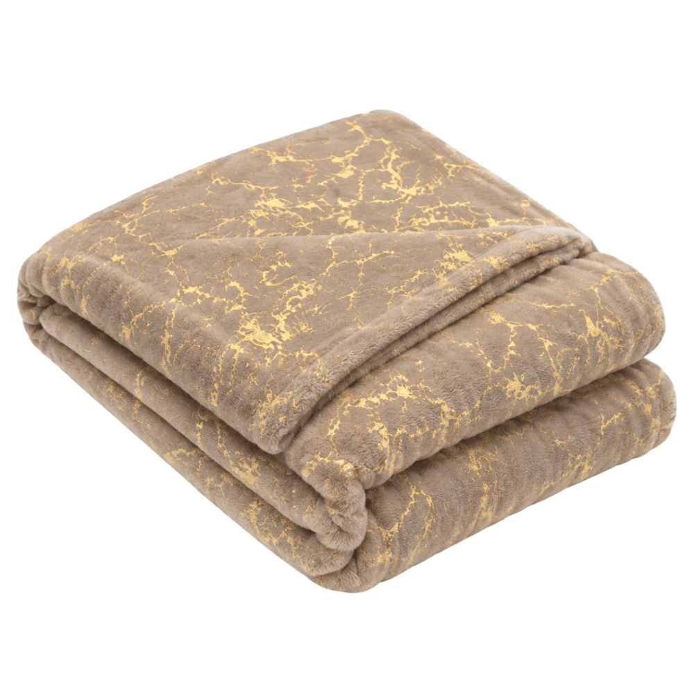 Pläd „Gilded Brown fleece blanket“. Plädar, 200x220 cm. Sandfärgad pläd med ett tydligt gyllene marmorerat ådringsmönster Pläd „Gilded Brown fleece blanket“. Plädar, 200x220 cm. Sandfärgad pläd med ett tydligt gyllene marmorerat ådringsmönster