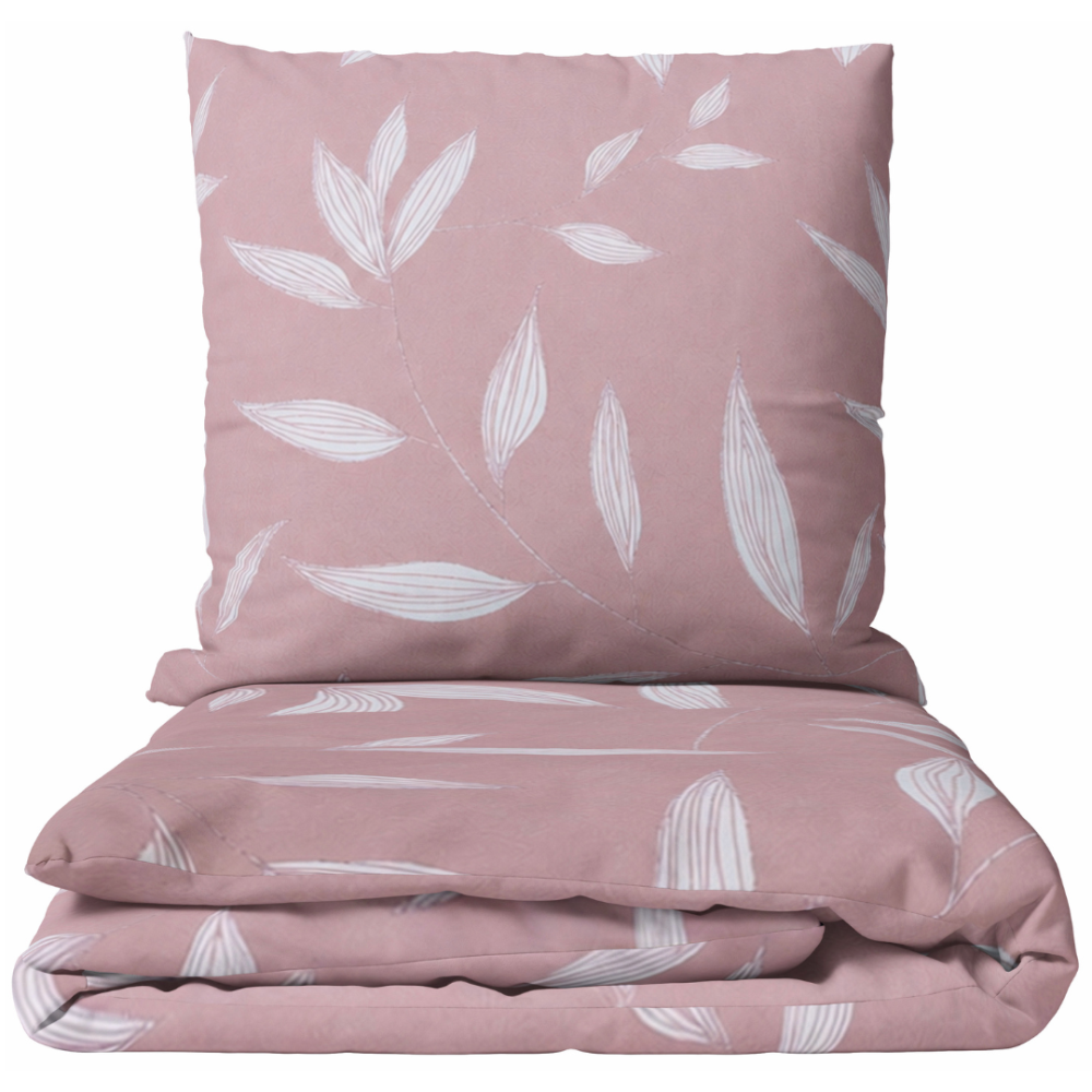 Premium satin påslakanset „Flopsie“. Mako satin sängkläder, 140x200 cm, 150x200 cm, 160x200 cm, 180x200 cm, 200x200 cm, 200x220 cm, 240x220 cm. Rosa bäddset med vitt botaniskt bladmönster Premium satin påslakanset „Flopsie“. Mako satin sängkläder, 140x200 cm, 150x200 cm, 160x200 cm, 180x200 cm, 200x200 cm, 200x220 cm, 240x220 cm. Rosa bäddset med vitt botaniskt bladmönster