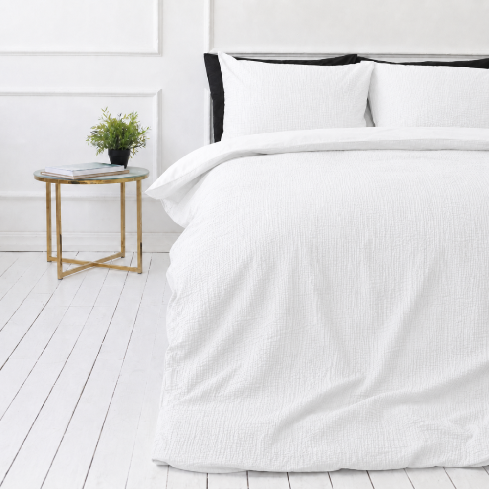 Påslakanset muslin „White muslin“. Påslakanset, 200x200 cm, 200x220 cm. Enfärgat vitt bäddset tillverkat av mjuk muslin