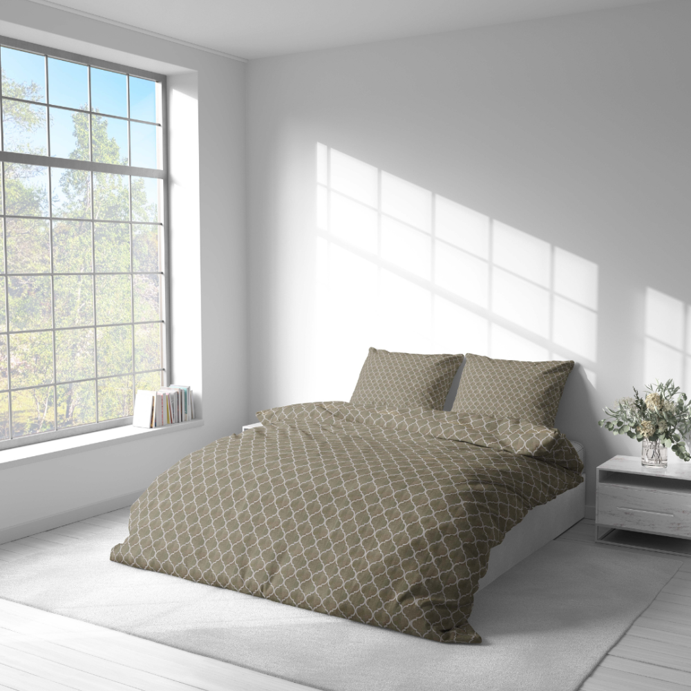 Premium satin påslakanset „Morocco forest grey“. Påslakanset 135x200, 140x200 cm, 200x200 cm, 200x220 cm, 240x220 cm