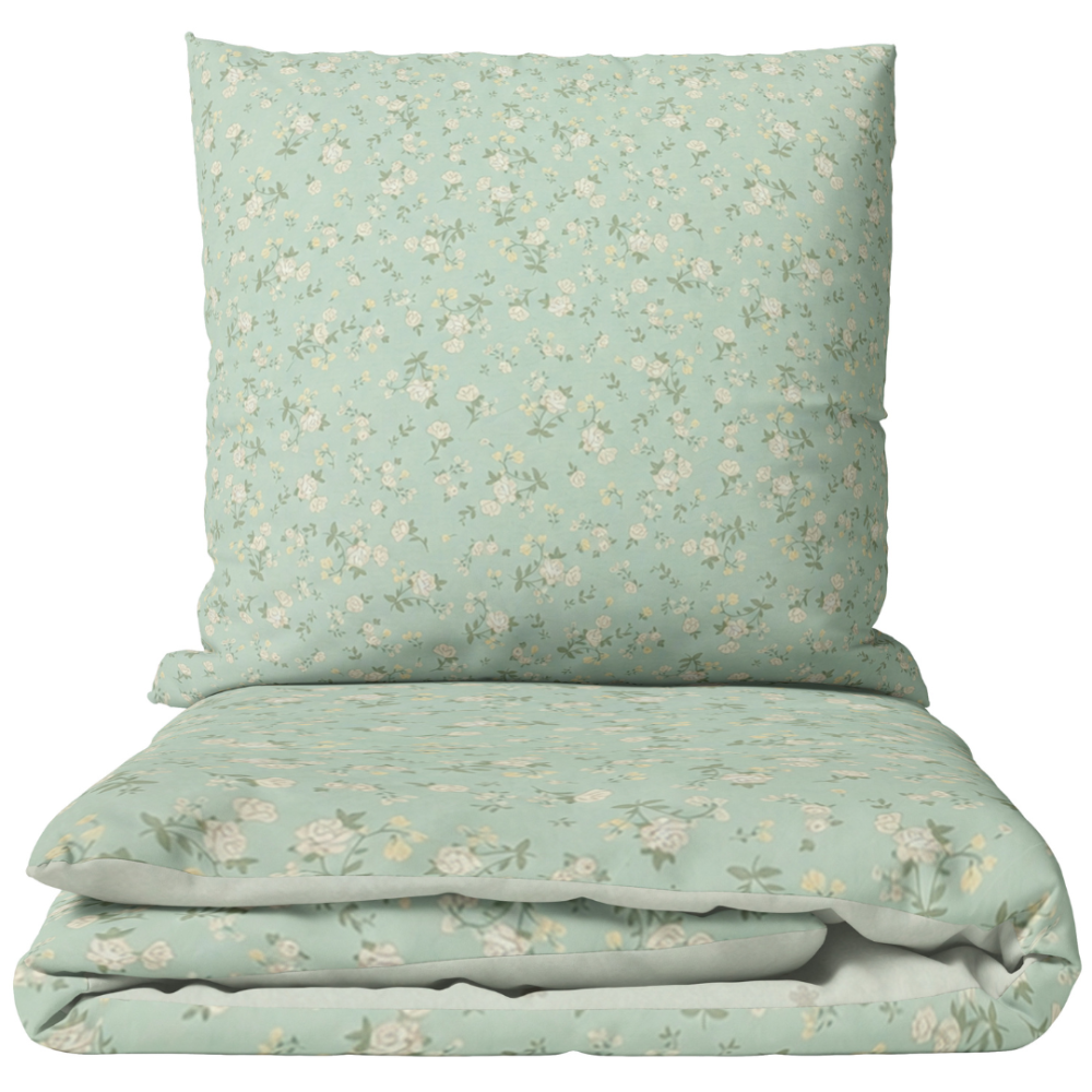 Satin påslakanset „Carlone“. Påslakanset 135x200, 140x200 cm, 200x200 cm, 200x220 cm. Ljusgrönt bäddset med litet vitt och gulaktigt blommönster Satin påslakanset „Carlone“. Påslakanset 135x200, 140x200 cm, 200x200 cm, 200x220 cm. Ljusgrönt bäddset med litet vitt och gulaktigt blommönster