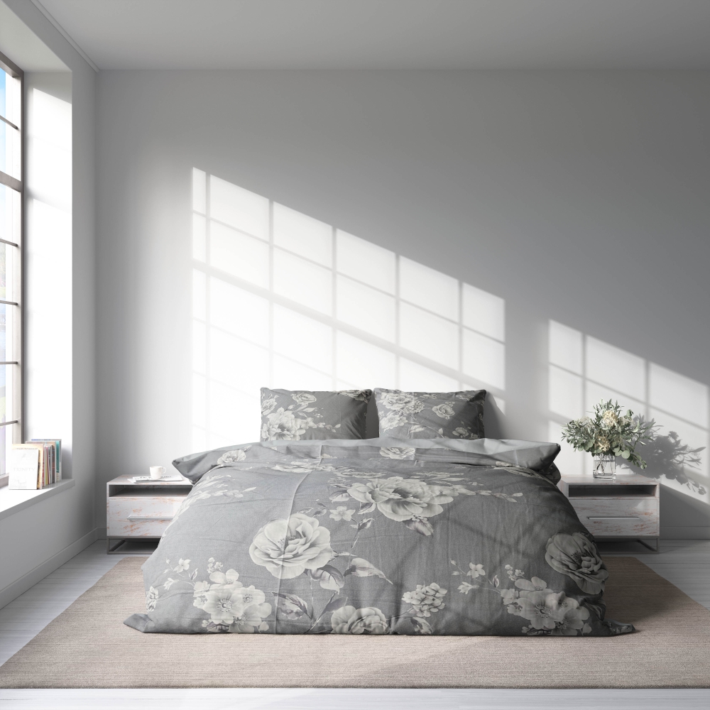 Satin påslakanset „Pivoine“. Grå sängkläder, 140x200 cm, 200x200 cm, 200x220 cm Satin påslakanset „Pivoine“. Grå sängkläder, 140x200 cm, 200x200 cm, 200x220 cm