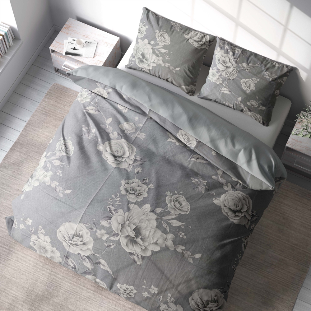 Satin påslakanset „Pivoine“. Grå sängkläder, 140x200 cm, 200x200 cm, 200x220 cm Satin påslakanset „Pivoine“. Grå sängkläder, 140x200 cm, 200x200 cm, 200x220 cm