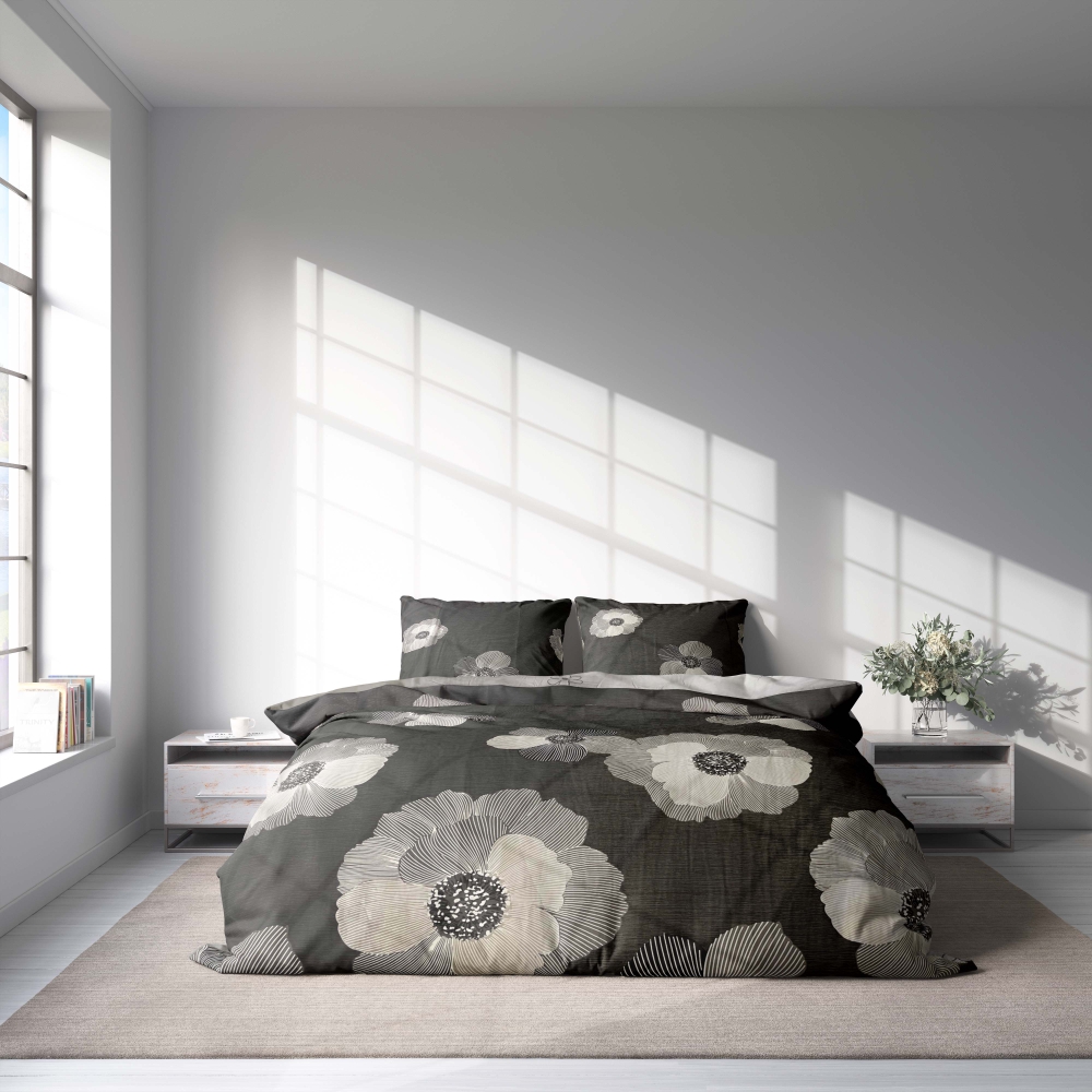 Satin påslakanset „Poppiescape“. Sängkläder med växtmotiv, 140x200 cm, 200x200 cm, 200x220 cm Satin påslakanset „Poppiescape“. Sängkläder med växtmotiv, 140x200 cm, 200x200 cm, 200x220 cm