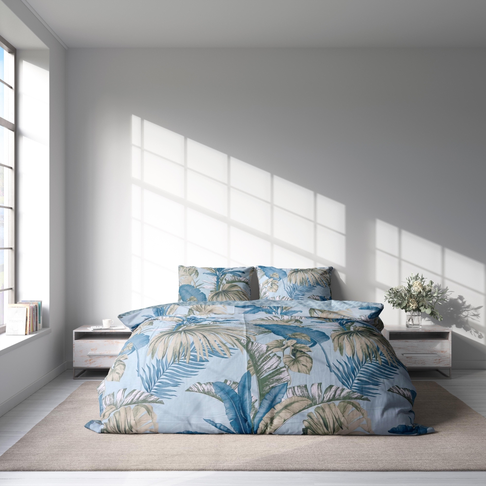 Satin påslakanset „Rainforest“. Blå sängkläder, 140x200 cm, 150x200 cm, 160x200 cm, 180x200 cm, 200x200 cm, 200x220 cm Satin påslakanset „Rainforest“. Blå sängkläder, 140x200 cm, 150x200 cm, 160x200 cm, 180x200 cm, 200x200 cm, 200x220 cm
