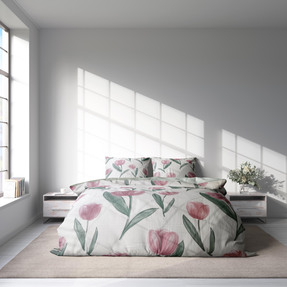 Satin påslakanset „Tuliplace“. Sängkläder med växtmotiv, 140x200 cm Satin påslakanset „Tuliplace“. Sängkläder med växtmotiv, 140x200 cm