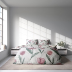 Satin påslakanset „Tuliplace“. Sängkläder med växtmotiv, 140x200 cm Satin påslakanset „Tuliplace“. Sängkläder med växtmotiv, 140x200 cm