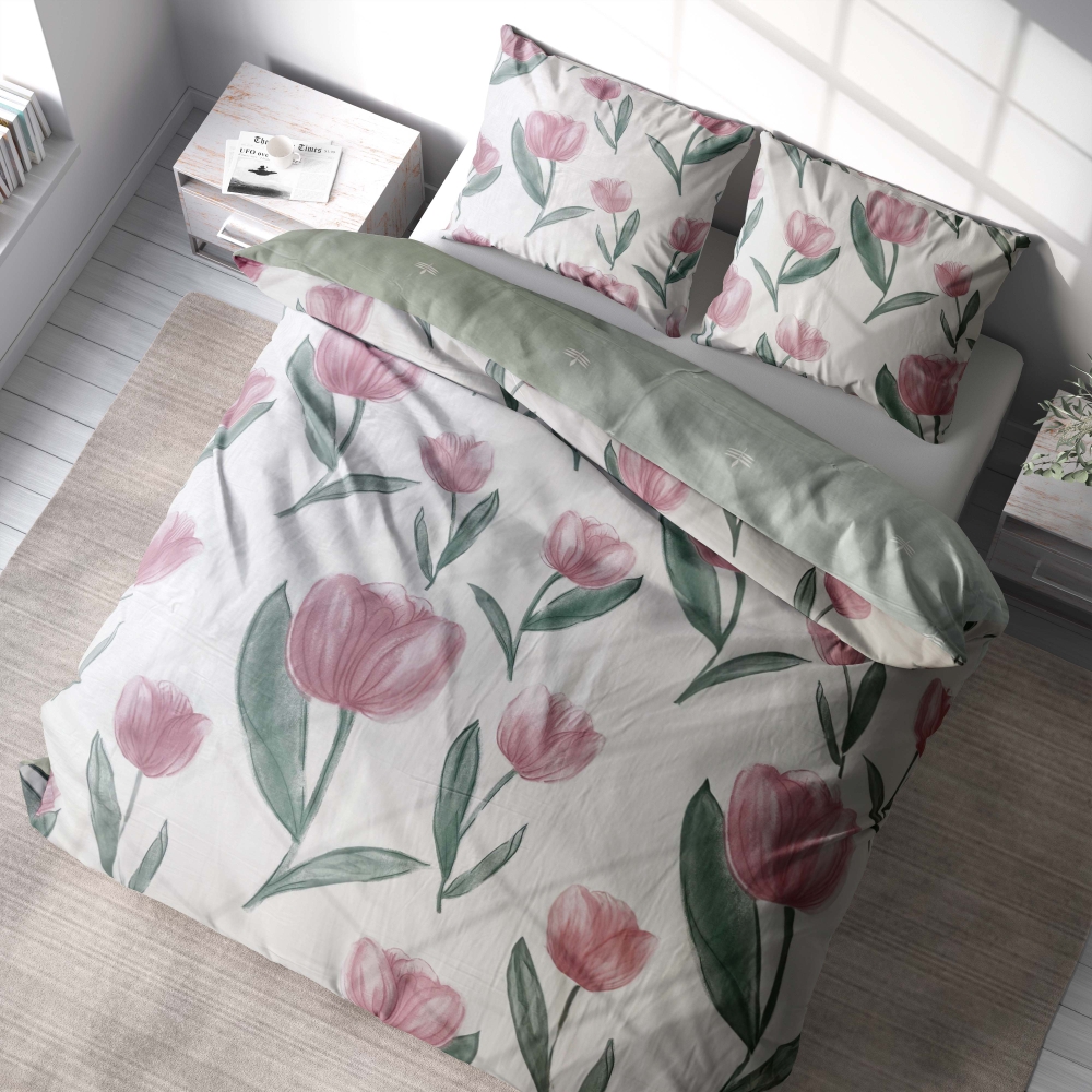Satin påslakanset „Tuliplace“. Sängkläder med växtmotiv, 140x200 cm Satin påslakanset „Tuliplace“. Sängkläder med växtmotiv, 140x200 cm