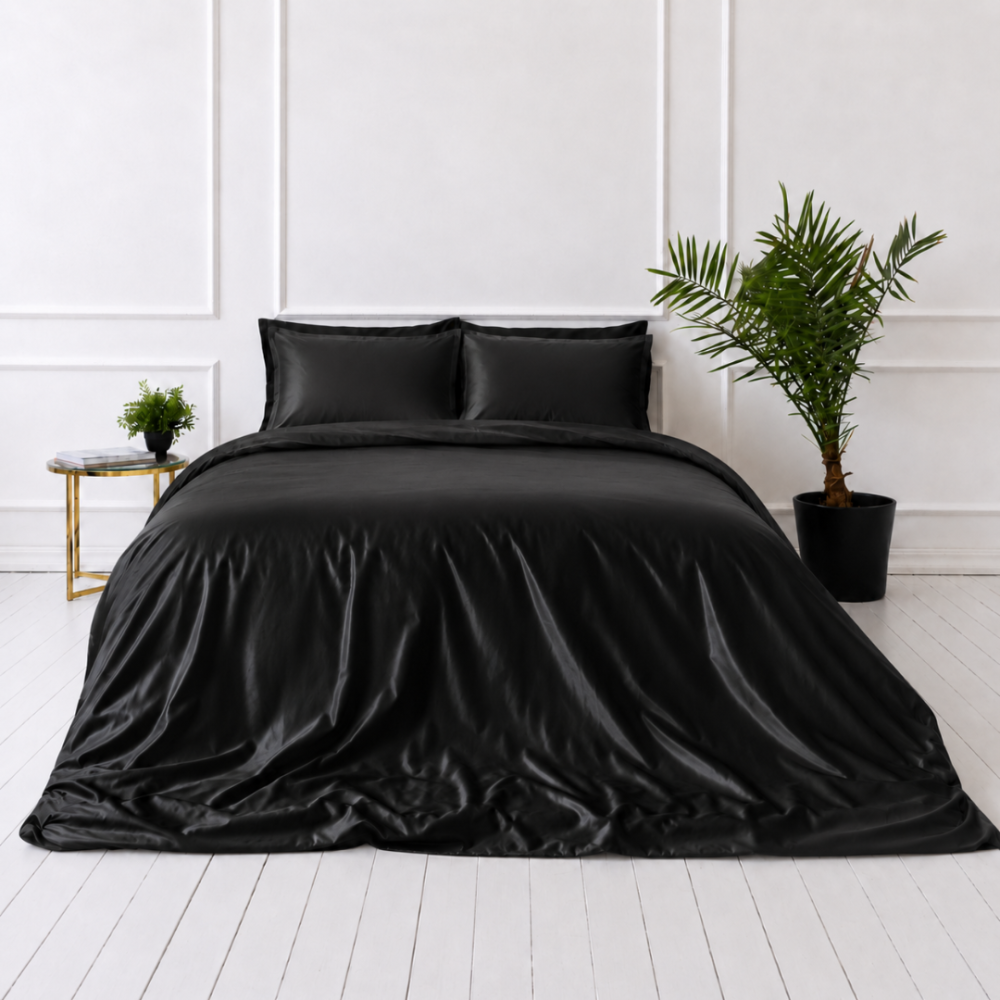 Sängkläder i siden „Onyx Silk“. Enfärgade sängkläder, 200x220 cm. Elegant svart sidenbäddset med djup glans och slät yta. Sängkläder i siden „Onyx Silk“. Enfärgade sängkläder, 200x220 cm. Elegant svart sidenbäddset med djup glans och slät yta.