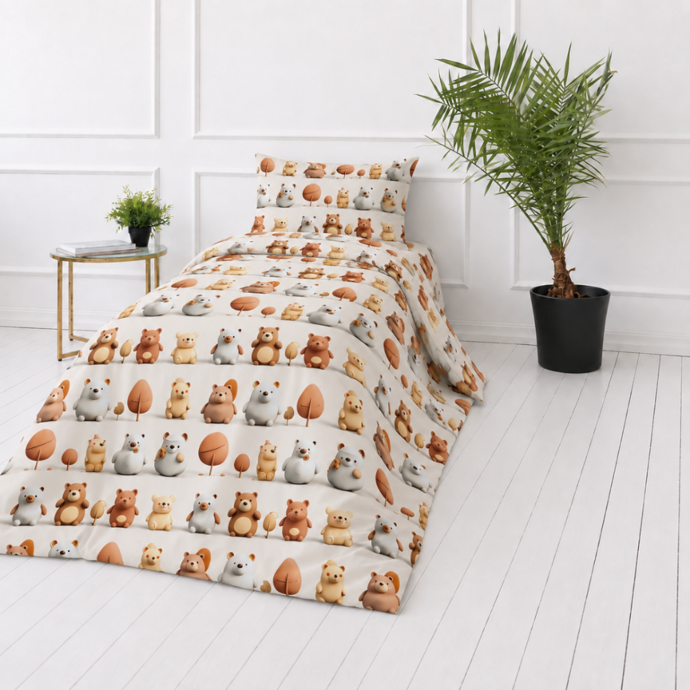 Barn bäddset “Besties”. Sängkläder 155x200, 140x200 cm, 150x200 cm, 160x200 cm. Bäddset för barn med bruna, grå och krämfärgade björnar. Barn bäddset “Besties”. Sängkläder 155x200, 140x200 cm, 150x200 cm, 160x200 cm. Bäddset för barn med bruna, grå och krämfärgade björnar.